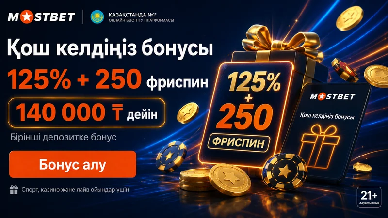 Mostbet қош келдіңіз бонусының баннері: 125 пайыз және 250 фриспин